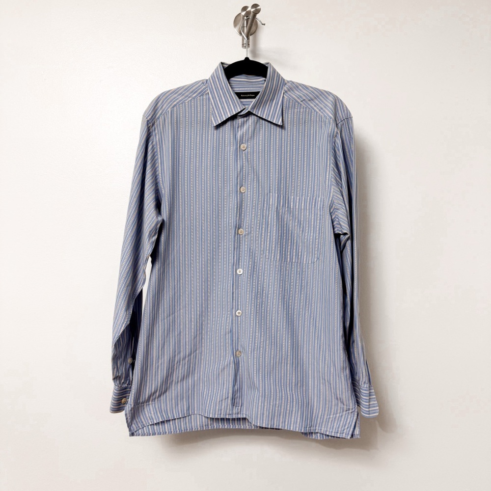 Men's Ermenegildo Zegna Striped Collared Long‎ Sleeve Dress Shirt Blue Medium